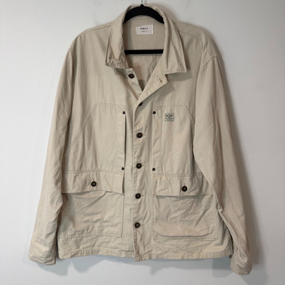P&Co Mens Service Overcoat Chore Jacket XXL Beige Cotton Canvas Utility Coat